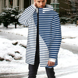 wave striped blue white print2 Men's Mid-Length Hooded Coat (Model H69)