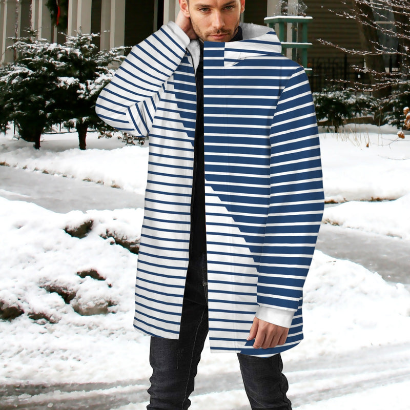 wave striped blue white print2 Men's Mid-Length Hooded Coat (Model H69)