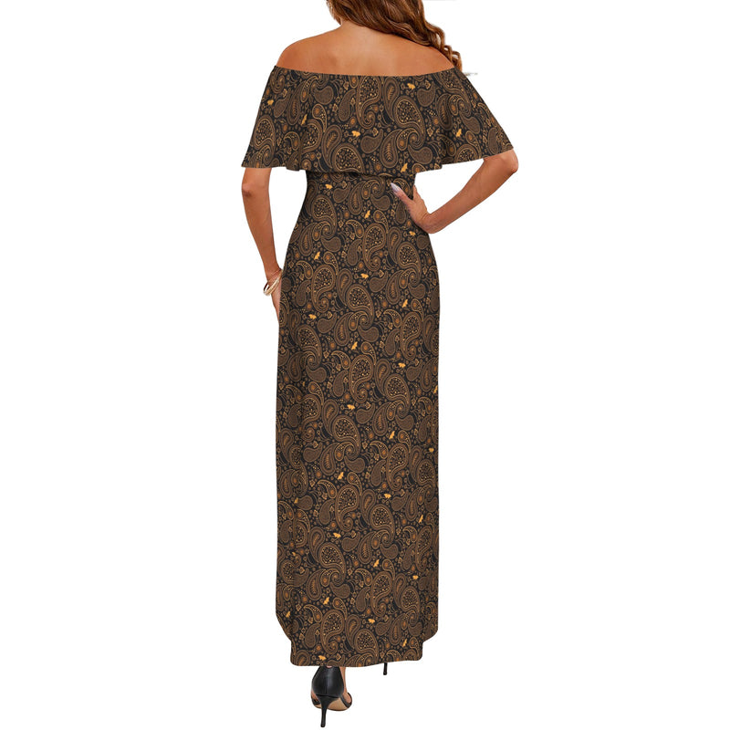 Paisley Off Shoulder Ruffle Boat Neck Dress