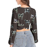 Women's Deep V-Neck Lantern Sleeve Crop Top