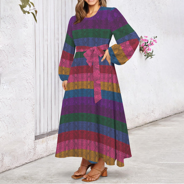 Multicolored Snakeskin Round Neck Long Sleeve Belted Maxi Dress
