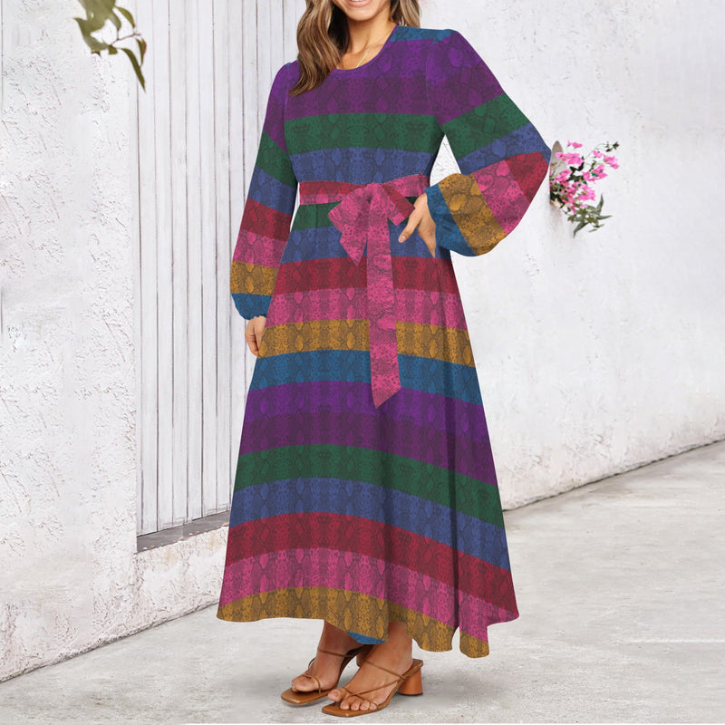 Multicolored Snakeskin Round Neck Long Sleeve Belted Maxi Dress