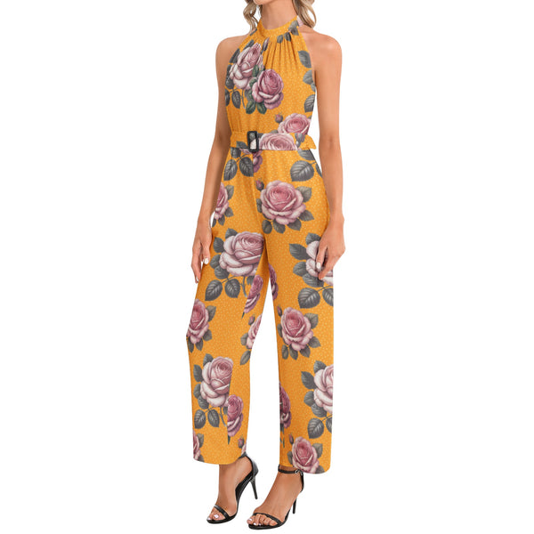 Halter Neck Buckle Belted Jumpsuit