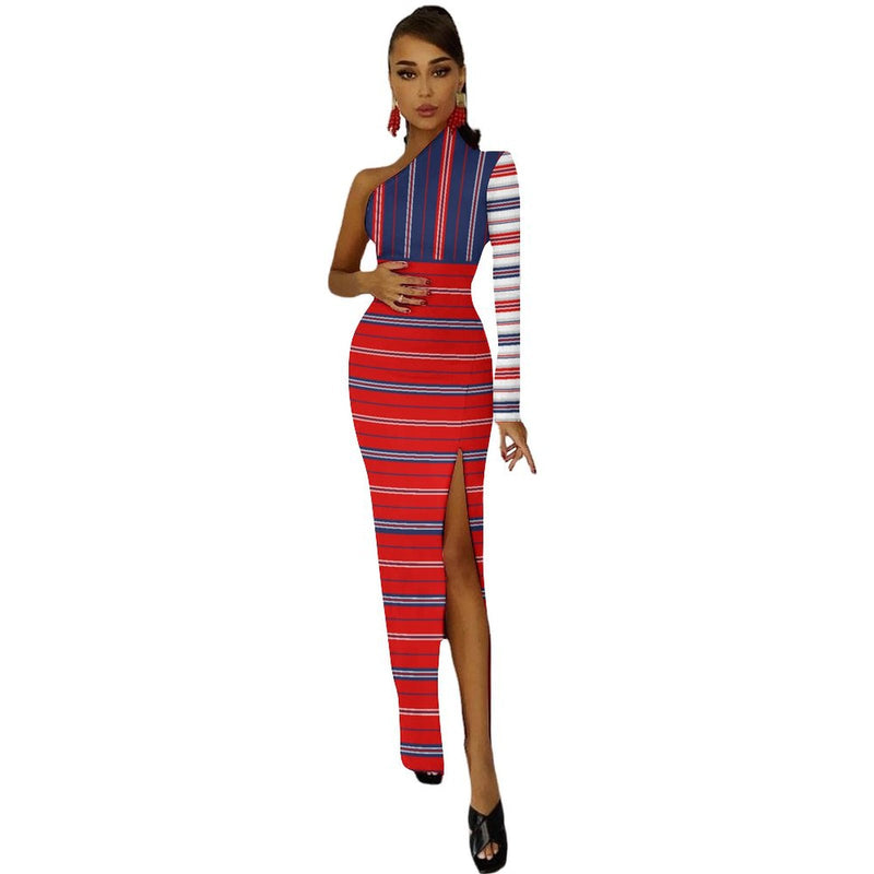 Americana One-Shoulder Slit Maxi Dress