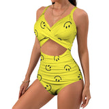 smiley face print 2A Women's Twist Front Tie Back Swimsuit (Model S57)