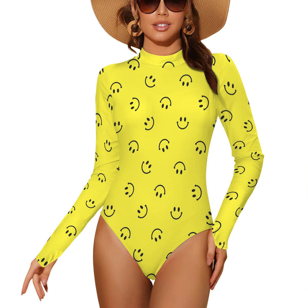 smiley face print 2A Backless Long Sleeve One-Piece Swimsuit (Model S60)