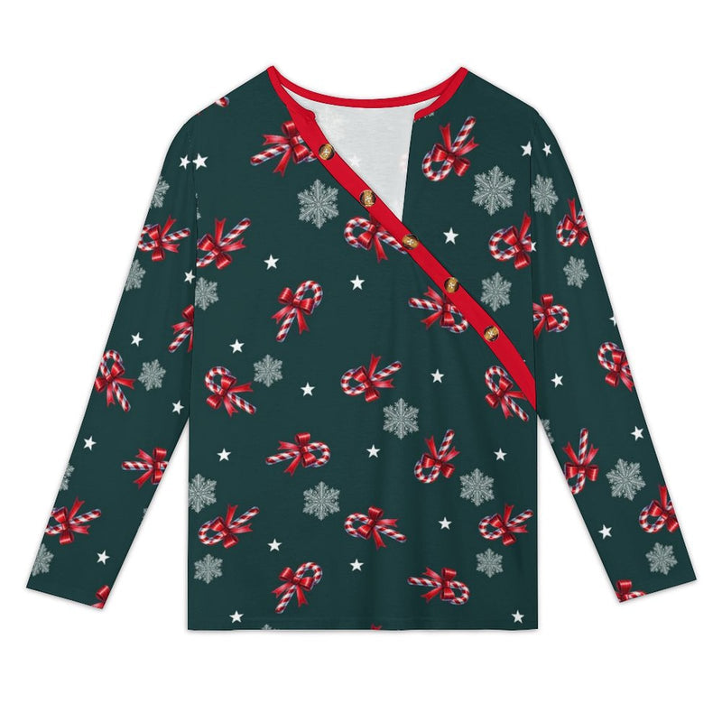 Women&#039;s Asymmetrical Neck Button-Up Shirt Long sleeved T-shirt