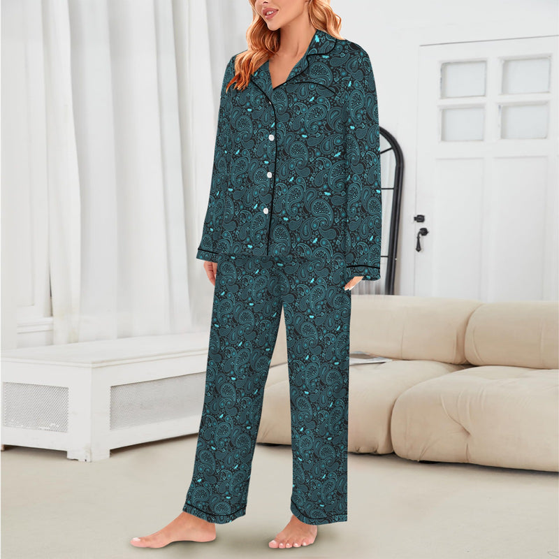 Teal Paisley Women's Long Sleeve Satin Pajama Set