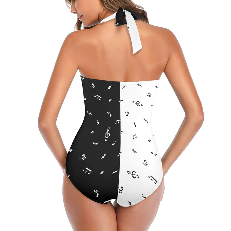 bw notes print 2 Women's Halter Neck Gather Chest Swimsuit (Model S52)