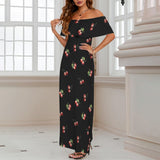 cherry print on black 2A Women's Off Shoulder Ruffle Boat Neck Dress (Model D71)