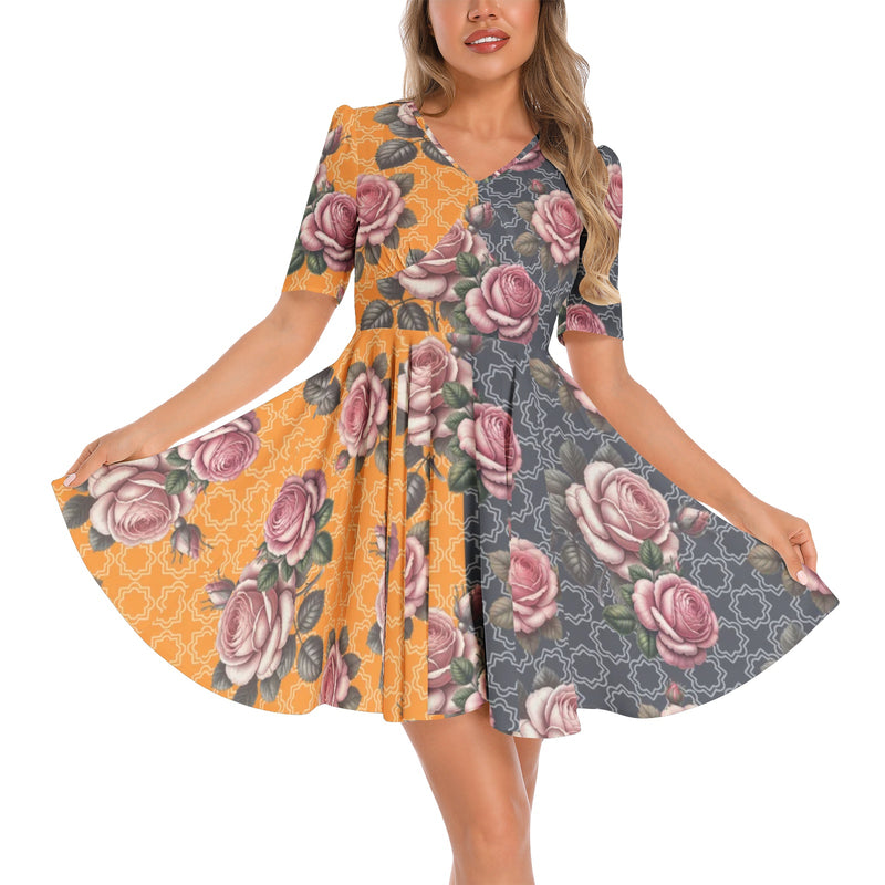 Short Sleeve Ruched Bust Flared Hem Dress