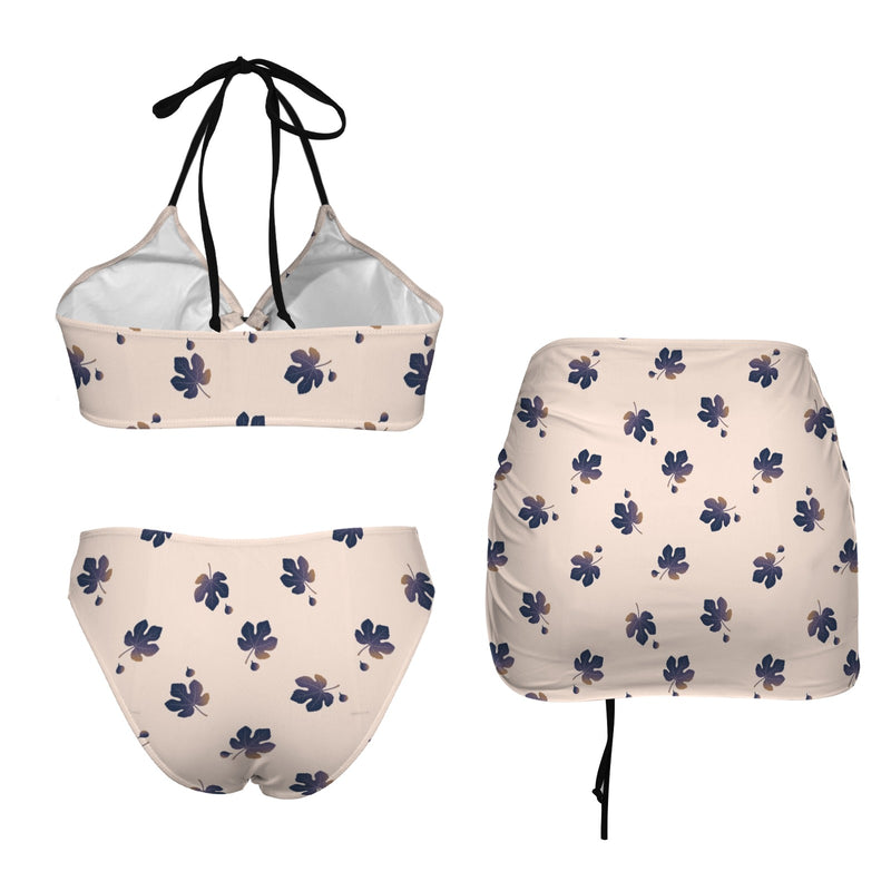 fig leaf and figs print Drawstring Halterneck Three-Piece Swimsuit Skirt