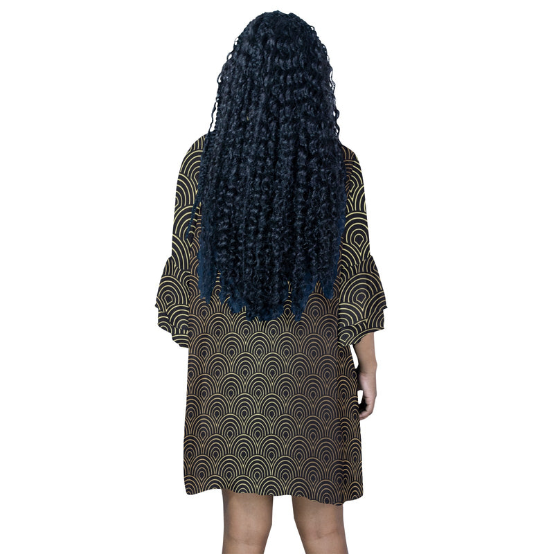 gold shell purse print Half Sleeves V-Neck Mini Dress (Model D63)