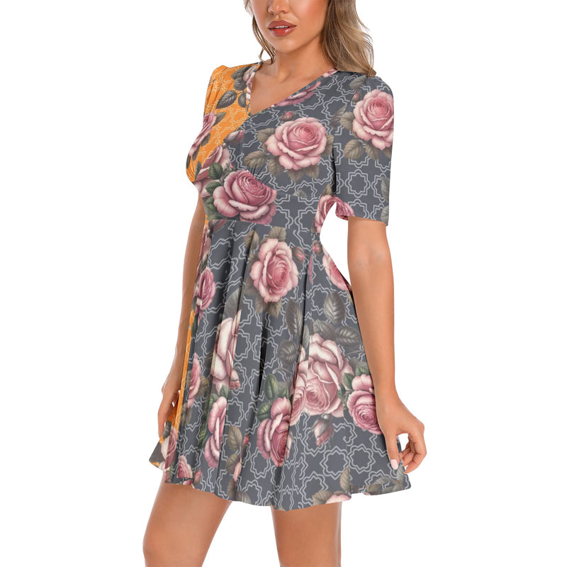 Short Sleeve Ruched Bust Flared Hem Dress