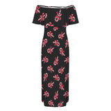candy cane black background print Women's Off Shoulder Ruffle Boat Neck Dress (Model D71)
