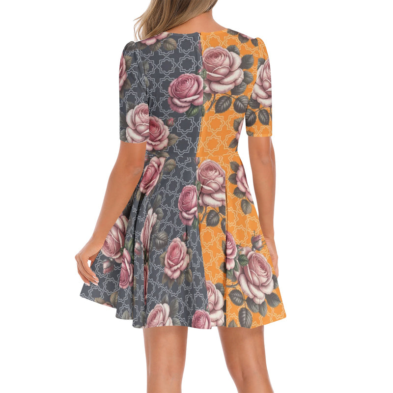 Short Sleeve Ruched Bust Flared Hem Dress