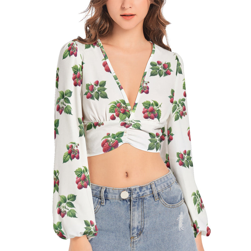 Women's Deep V-Neck Lantern Sleeve Crop Top