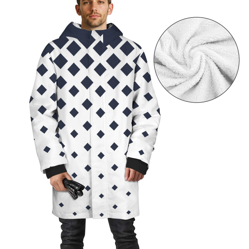 dk blue print 10K Men's Mid-Length Hooded Coat (Model H69)