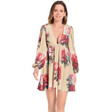 Lantern Sleeve Deep V-Neck Short Dress