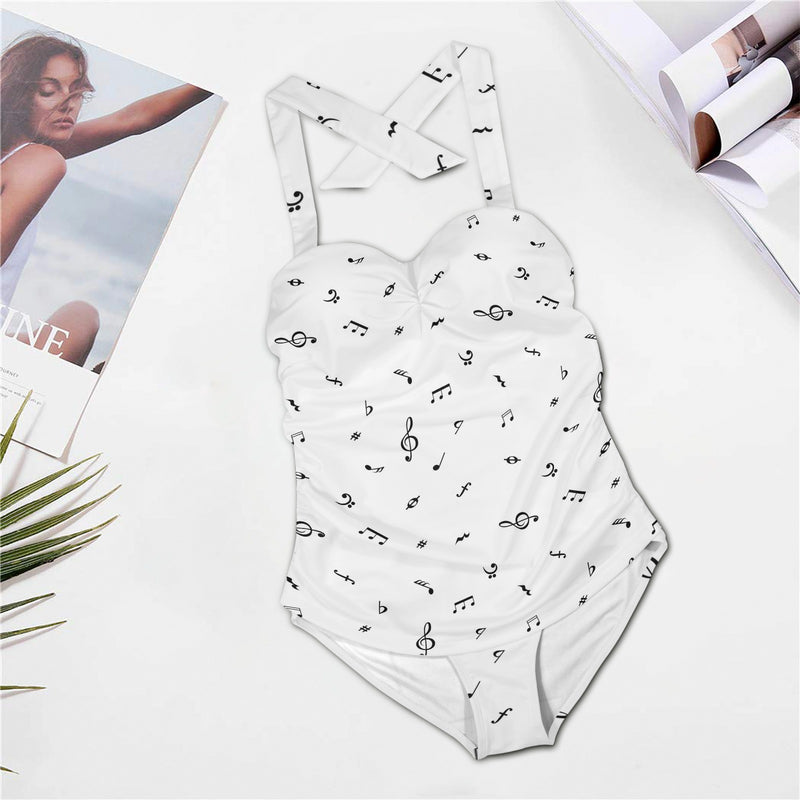 note white black print Women's Halter Neck Gather Chest Swimsuit (Model S52)