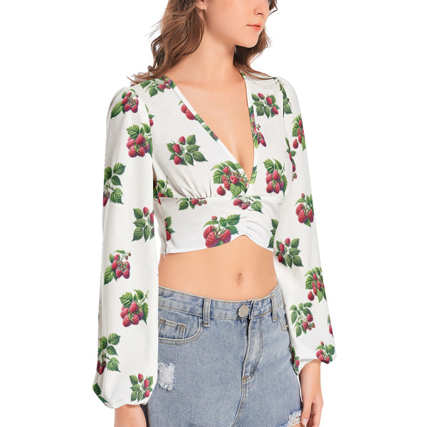 Women's Deep V-Neck Lantern Sleeve Crop Top