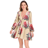 Lantern Sleeve Deep V-Neck Short Dress