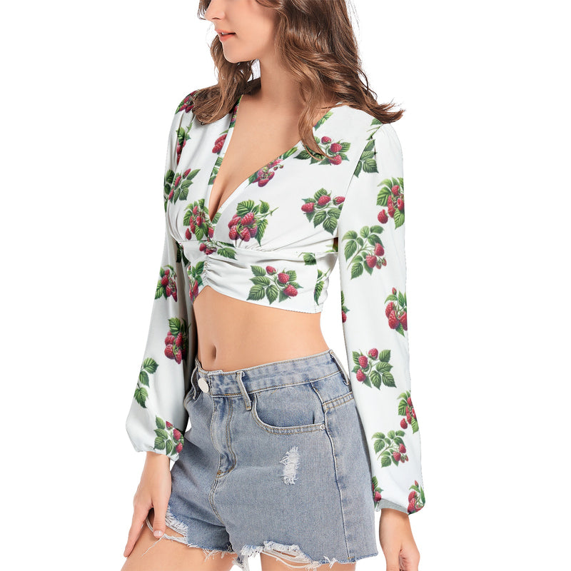 Women's Deep V-Neck Lantern Sleeve Crop Top