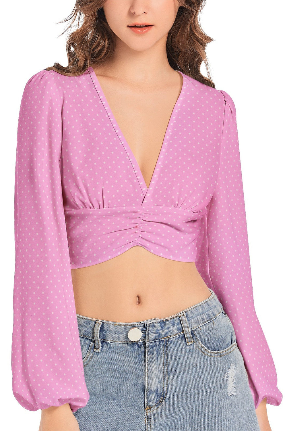 Polka Dot Women's Deep V-Neck Lantern Sleeve Crop Top | Objet D'Art