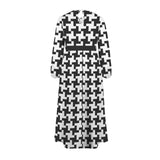 Houndstooth Round Neck Long Sleeve Belted Maxi Dress