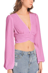 Polka Dot Women's Deep V-Neck Lantern Sleeve Crop Top
