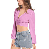 Polka Dot Women's Deep V-Neck Lantern Sleeve Crop Top