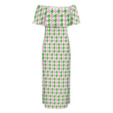pk grn print 4A Women's Off Shoulder Ruffle Boat Neck Dress (Model D71)