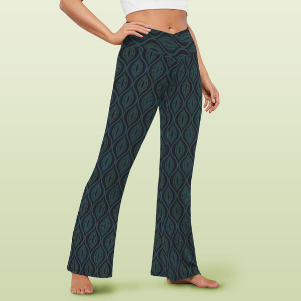 ogee light green print 2A High Waist Crossover Tummy Control Flare Leggings