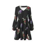 hex floral bw color print V-Neck Loose Fit Dress (Model D62)