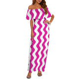fuchsia wavy print Women's Off Shoulder Ruffle Boat Neck Dress (Model D71)