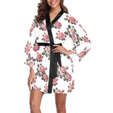 white back pink rose print Long Sleeve Kimono Robe