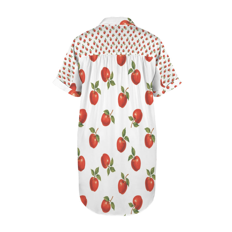 apples white print Short Sleeve Button Front Shirt Dress