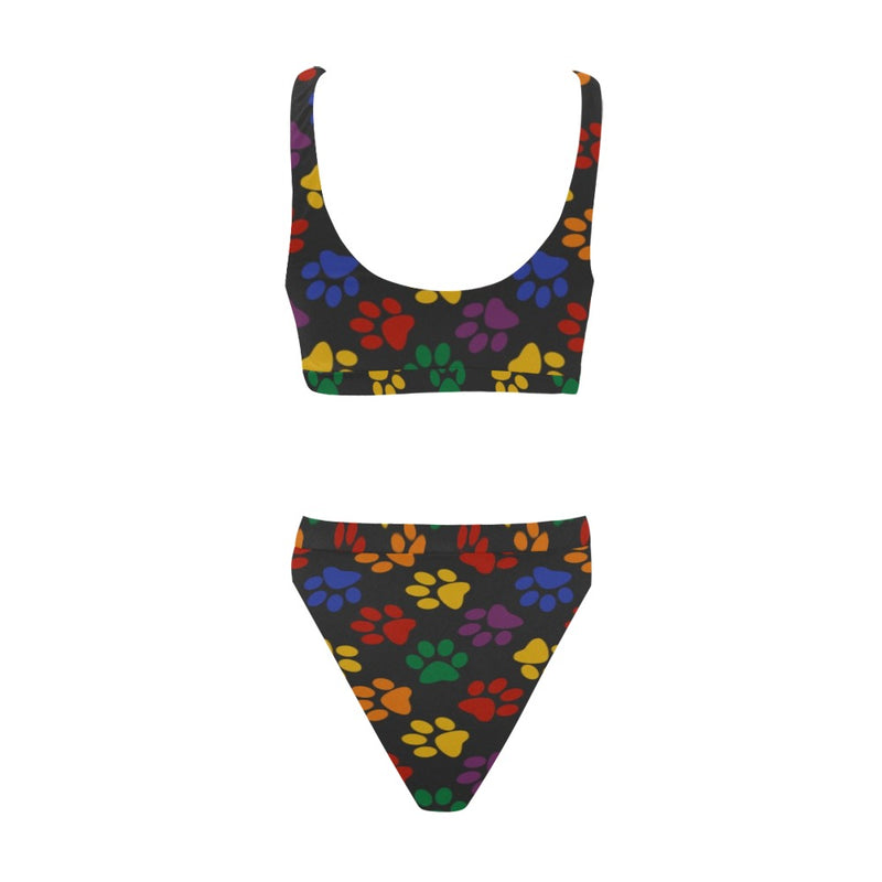 colorful paws print 2C Sport Top & High-Waisted Bikini Swimsuit (Model S07)