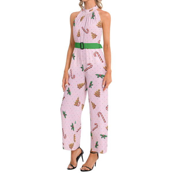 Halter Neck Buckle Belted Jumpsuit