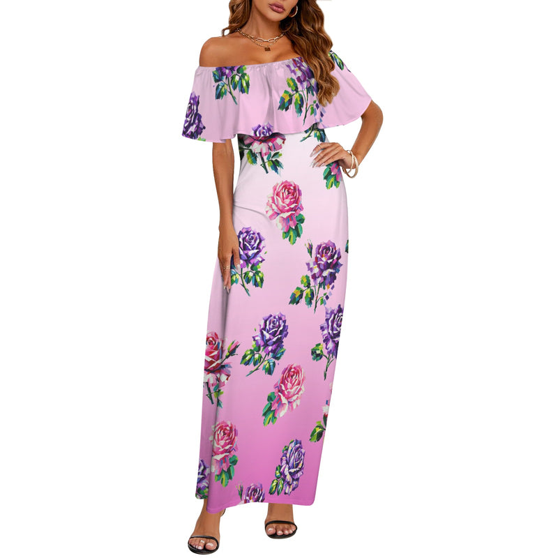 ombre white to pink rose print 2 Women's Off Shoulder Ruffle Boat Neck Dress (Model D71)