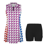 triangle black print Sleeveless Lapel Zipper Pocket Sport Dress with Shorts