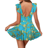 2 small blue almond art Women's Ruffle Sleeve Skirted Swimsuit (Model S59)