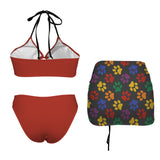 multi colored paw print skirt Drawstring Halterneck Three-Piece Swimsuit Skirt