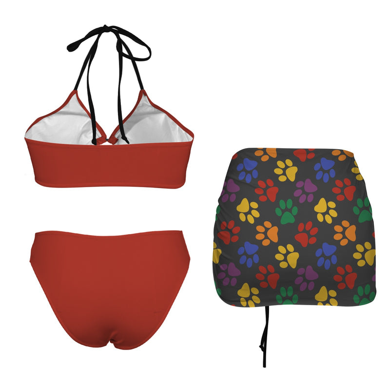 multi colored paw print skirt Drawstring Halterneck Three-Piece Swimsuit Skirt