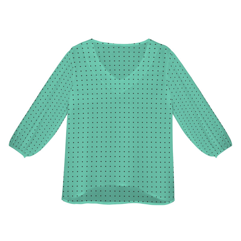 biscay polka dot Loose V-Neck Long Puff Sleeve Top