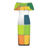 colored print matrix Women's Off Shoulder Ruffle Boat Neck Dress (Model D71)