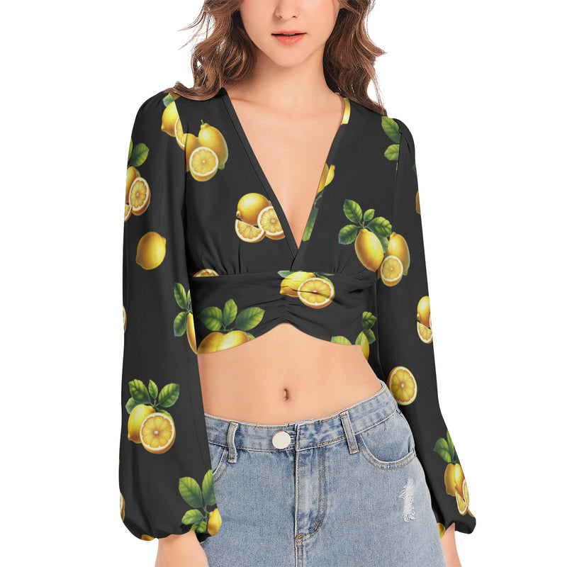 Women's Deep V-Neck Lantern Sleeve Crop Top