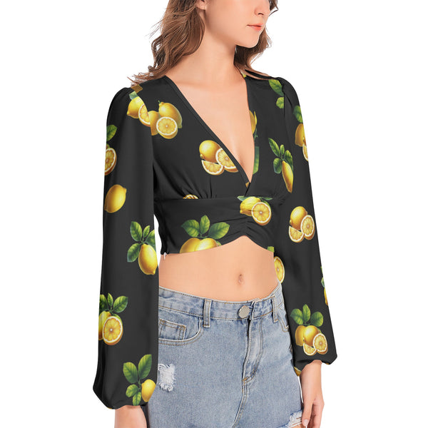 Women's Deep V-Neck Lantern Sleeve Crop Top