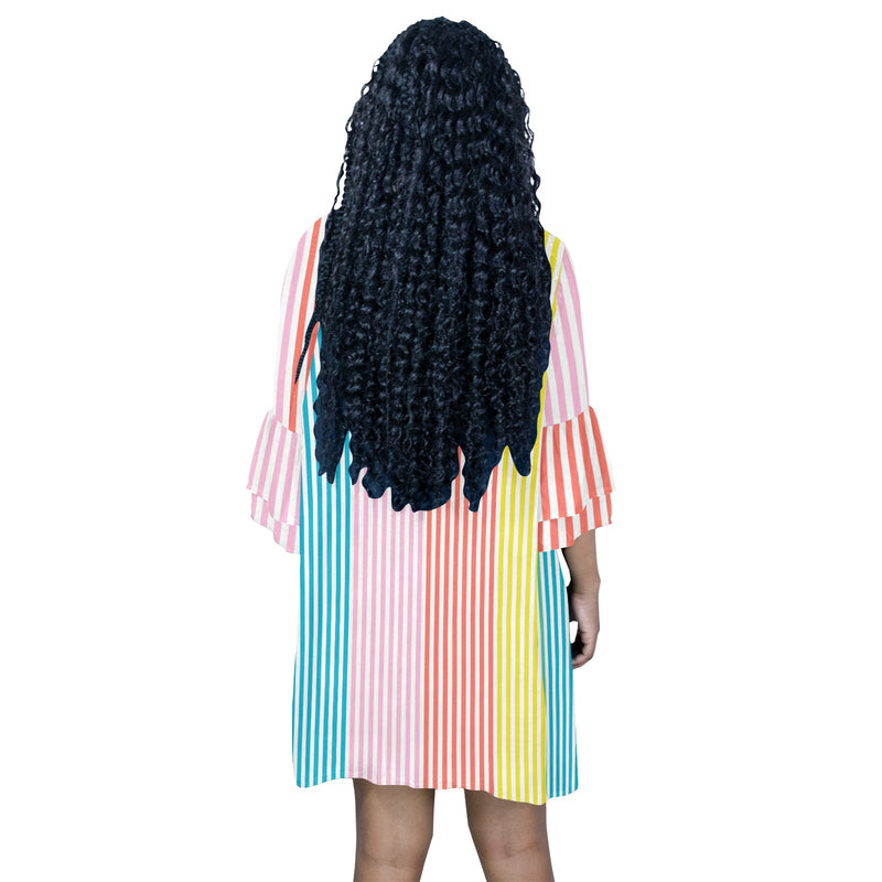 striped print colorful 2A Half Sleeves V-Neck Mini Dress (Model D63)