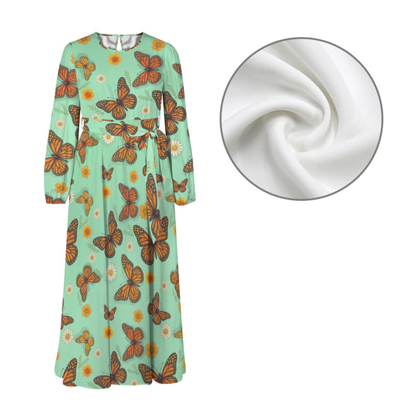 Butterfly Round Neck Long Sleeve Belted Maxi Dress